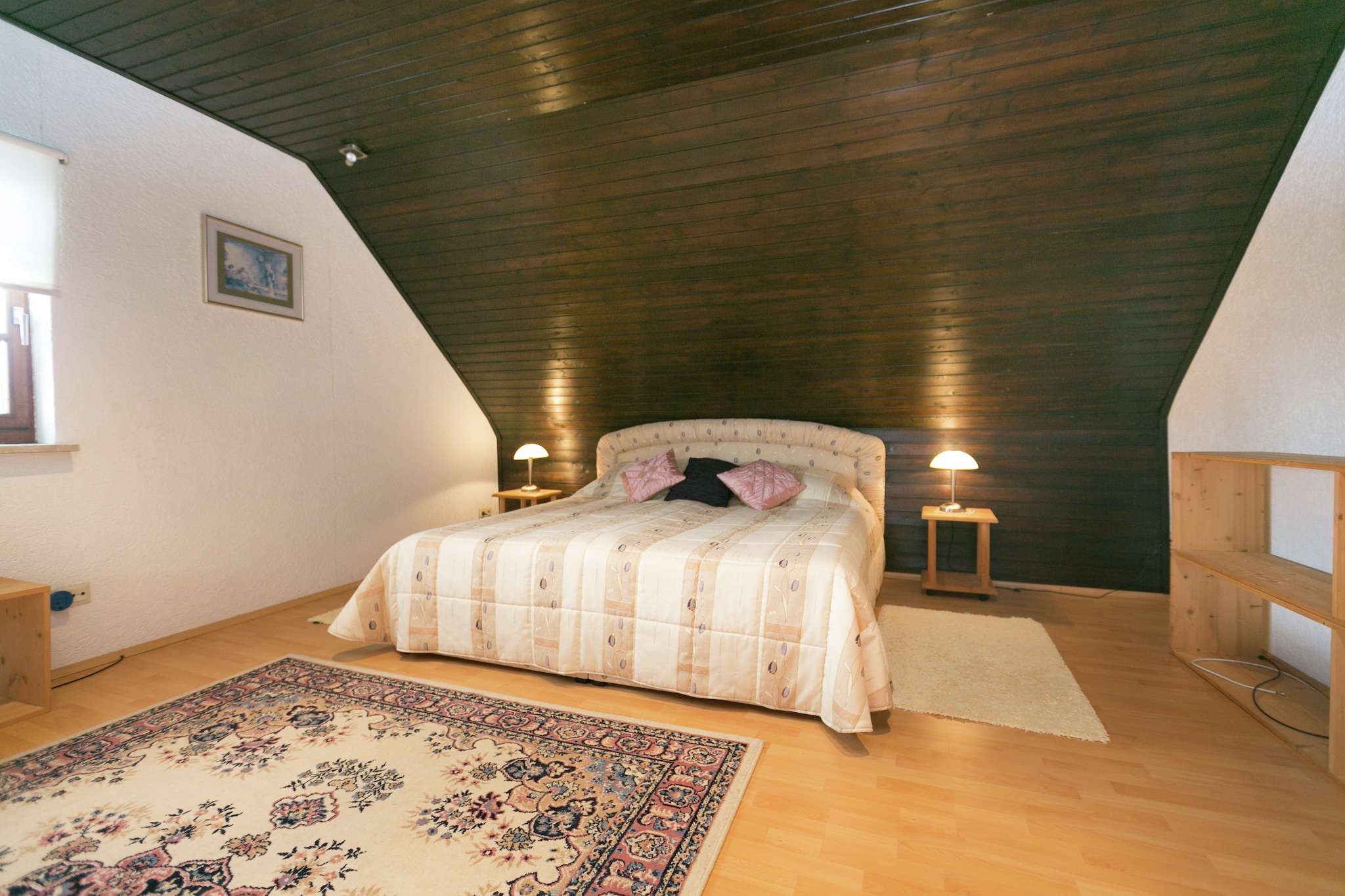 On the 2nd floor: (Living room(TV(satellite), DVD player, stereo unit, balcony), Kitchen(electric kettle, cooker(4 ring stoves, ceramic), coffee machine(filter), oven, microwave, dishwasher, fridge), bedroom(double bed), bedroom(small double bed), bedroom(small double bed), bedroom(small double bed), bathroom(bath tub, washbasin, toilet, bidet))\n\ntumble dryer, washing machine, patio, terrace, garden(shared with other guests, fenced), garden furniture, high chair