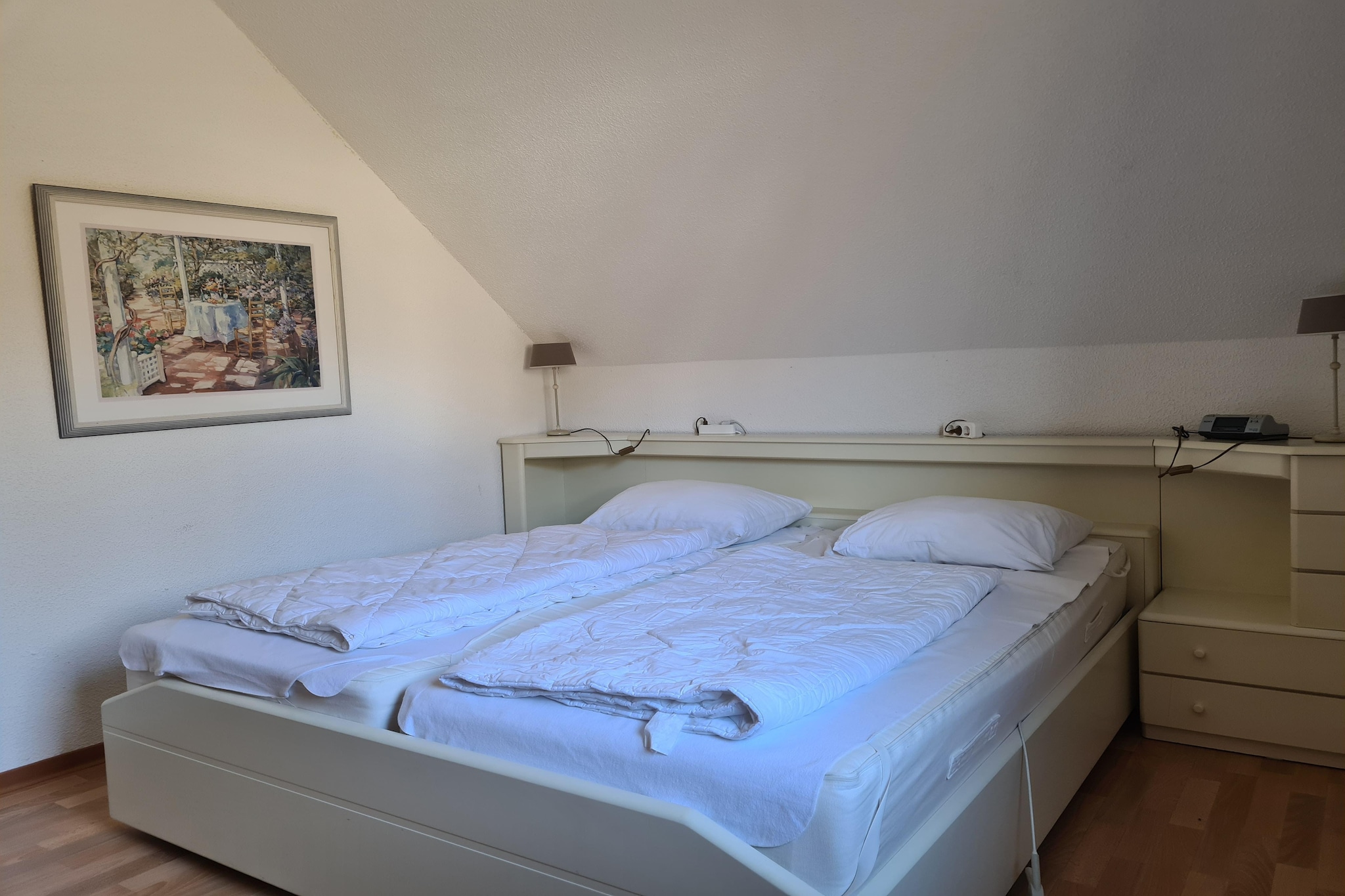 On the 1st floor: (Entrance, open kitchen(cooker(4 ring stoves), coffee machine, oven, microwave, fridge-freezer), Living/diningroom(TV(satellite), stove(wood)), bedroom(double bed, radio), bedroom(2x single bed), bathroom(shower, washbasin, toilet), toilet, Landing)\n\nbalcony, patio, garden(shared with other guests), garden furniture, children\'s bed, high chair