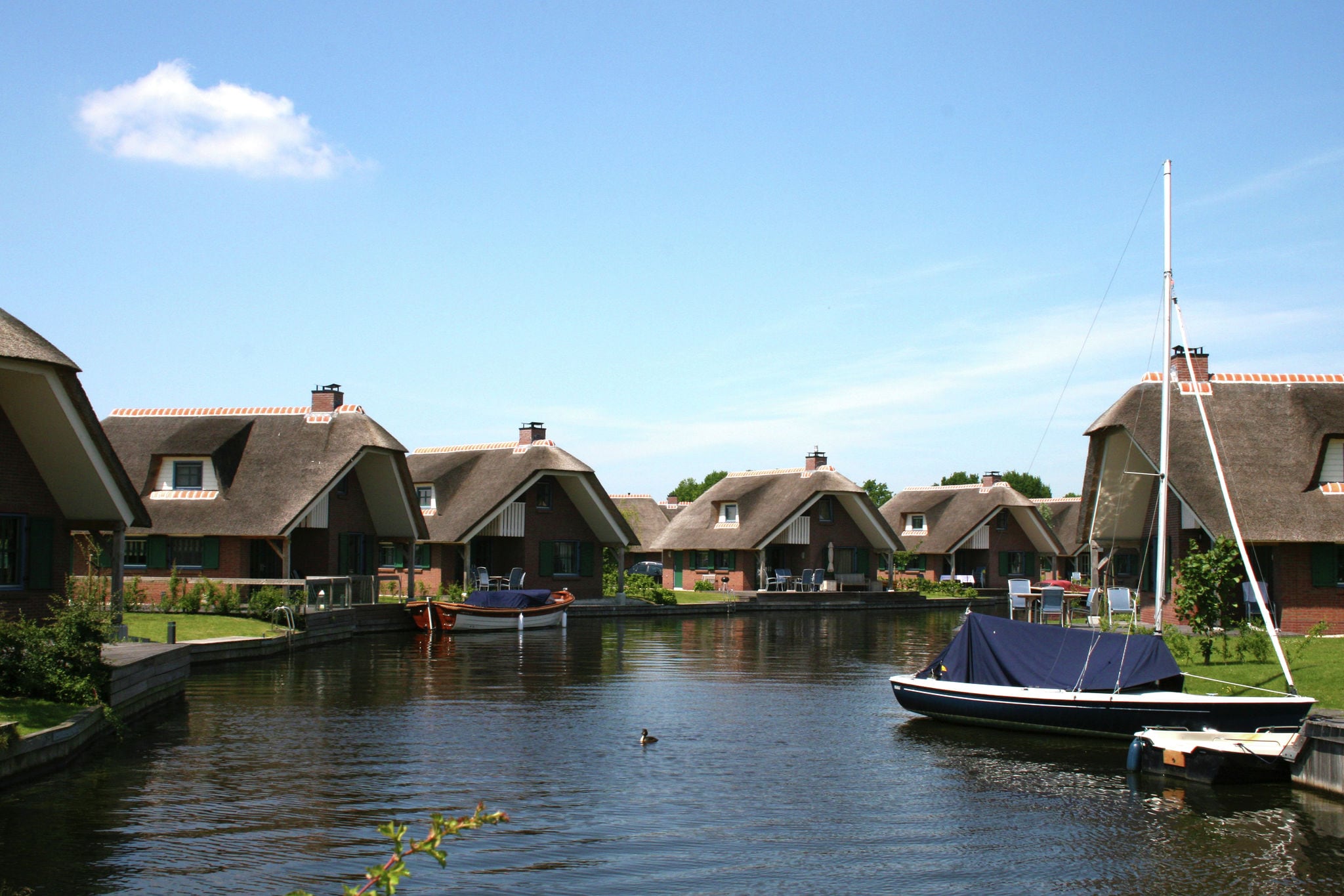 Stylish thatched villa with 2 bathrooms in a holiday park near Giethoorn