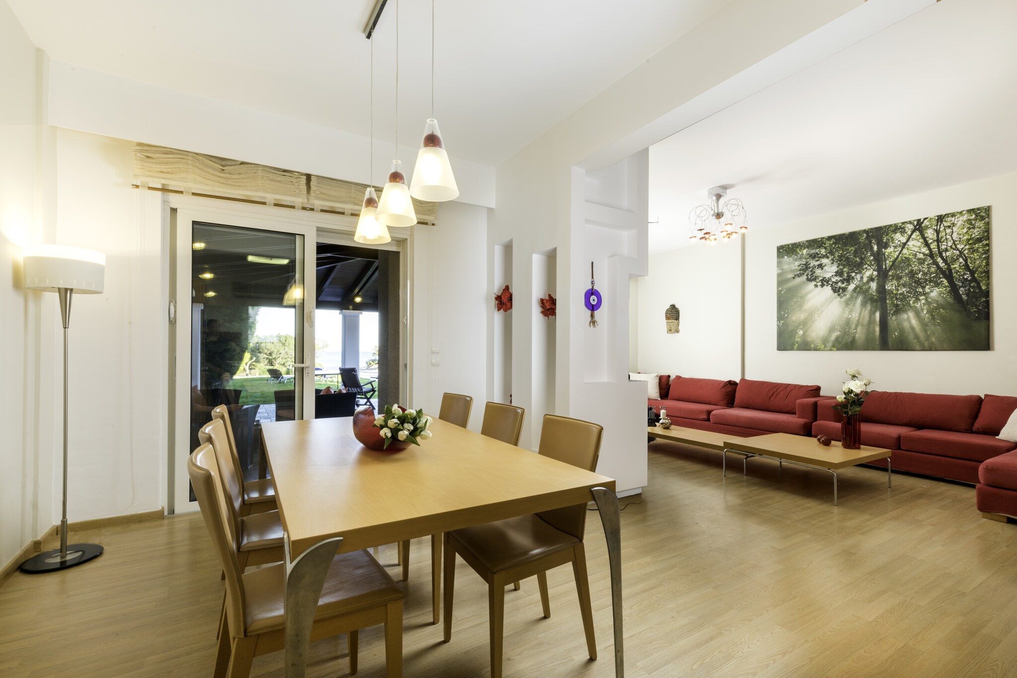 Ground floor: (Living room(TV(flatscreen, satellite), fireplace, DVD player, CD player, stereo unit, air conditioning), Large kitchen(electric kettle, toaster, cooker(ceramic), coffee machine, oven, microwave, dishwasher, fridge-freezer), Bedroom with bathroom(double king size bed, TV(flatscreen, satellite), shower, washbasin, toilet, air conditioning), toilet)\n\nOn the 1st floor: (bedroom(double king size bed, TV(flatscreen, satellite), air conditioning), bedroom(double king size bed, TV(flatscreen, satellite), air conditioning), bathroom(shower, washbasin, toilet))\n\nOn the 2nd floor: (Bedroom with bathroom(double king size bed, TV(flatscreen, satellite), shower, washbasin, toilet, air conditioning))\n\nwashing machine, air conditioning, terrace(private), garden(private, 1200 m2), garden furniture, sun loungers, BBQ, parking, parasol, swimming pool(private,  8 x  4 m.), table tennis table, children\'s bed, ironing board, iron, hairdryer