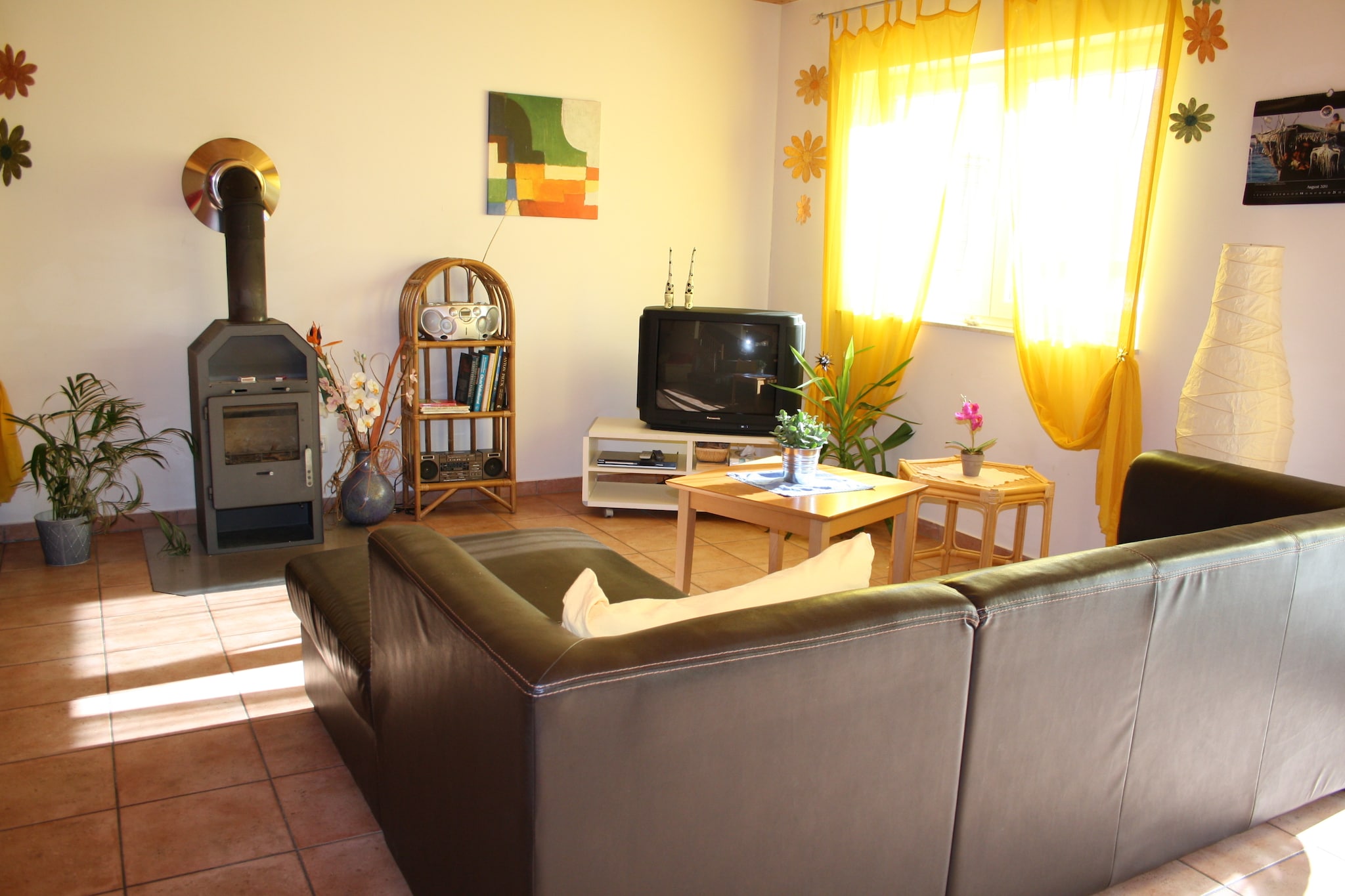 Ground floor: (Living room(double sofa bed, TV(cable), stove, stereo unit), open kitchen(dining table, electric kettle, cooker(ceramic), coffee machine, oven, microwave, fridge-freezer), garden doors)\n\nOn the 1st floor: (bedroom(double bed), bedroom(single bed, double bed, TV), bedroom(double bed), Bedroom with bathroom(double bed, shower, washbasin, toilet), bathroom(shower, washbasin, toilet))\n\nBasement: (hallway, relaxation area(shower, sauna))\n\nsingle folding bed, terrace, garden furniture, parking, parking, parking, parking, children\'s bed(on request), high chair(on request)