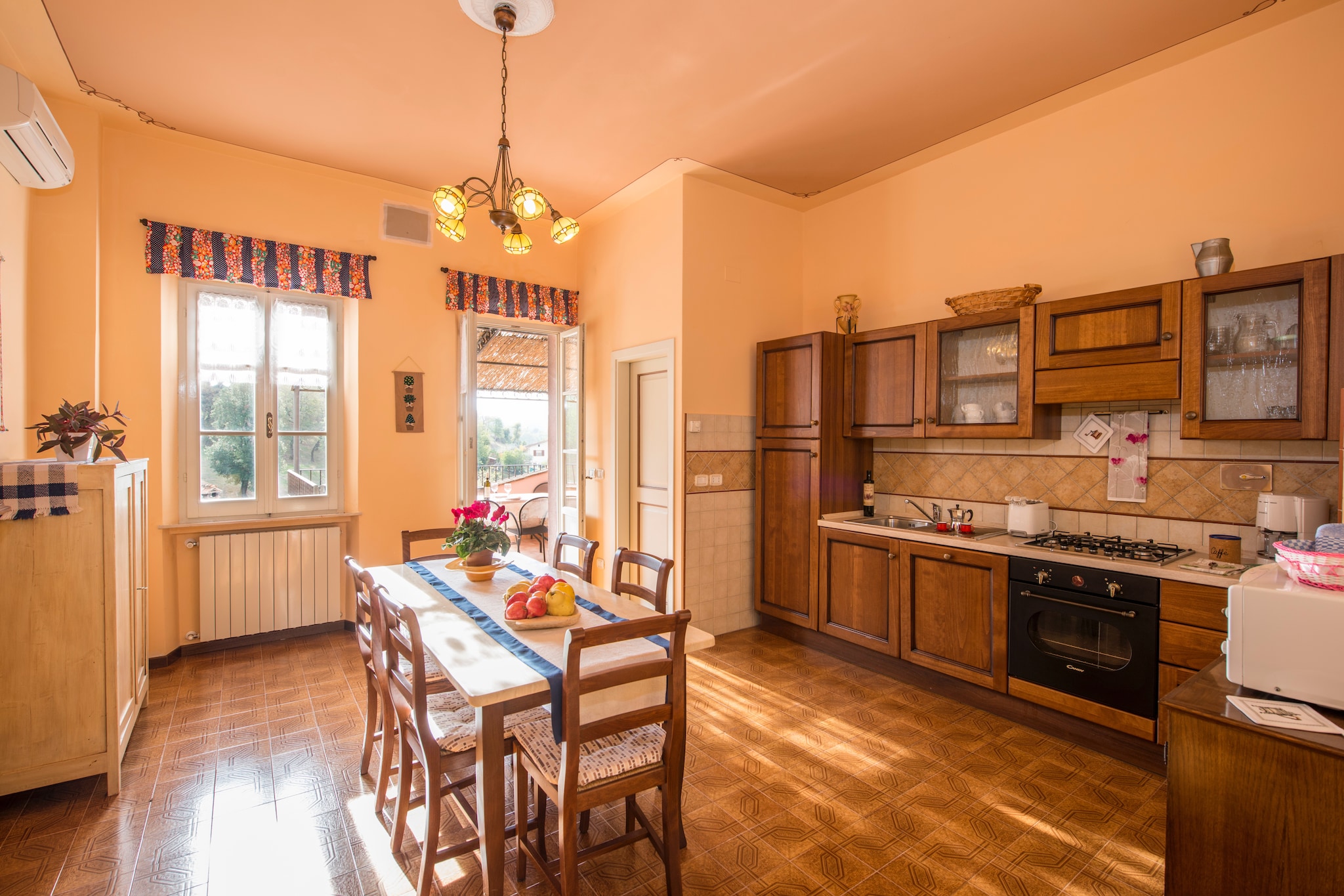 On the 3rd floor: (Sitting room(single sofa bed, double sofa bed, TV, radio, air conditioning), Large kitchen(toaster, cooker(4 ring stoves), hood, coffee machine(filter), espresso machine, oven, combination microwave, dishwasher, fridge-freezer, air conditioning, terrace(private), garden furniture, Juicer, Blender), Bedroom with bathroom(double bed, shower, washbasin, toilet, bidet, air conditioning, terrace(private)), Bedroom with bathroom(double bed, shower, washbasin, toilet, bidet, air conditioning), Bedroom with bathroom(double bed or 2 single beds, shower, washbasin, toilet, bidet, air conditioning), pantry(washing machine), heating, terrace(15 m2), terrace(20 m2), garden furniture)\n\nplayroom(shared with other guests)(play equipment, slide, table tennis table, table football), fitness room(shared with other guests)(fitness equipment), sauna(shared with other guests), carport, tumble dryer(shared with other guests), Bubble bath, washing machine, air conditioning, terrace(private), garden(shared with other guests, fenced, illuminated, > 1000 m2), garden furniture, sun loungers, BBQ, parking, parasol, swimming pool(shared with other guests, 16 x 8 m., opened from May upto and including Sep), children\'s bed(on request), high chair(on request), Swing set