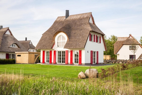 Luxe rietgedekt vakantiehuis met sauna en zwemlagune nabij Bodden - thumbnail 1