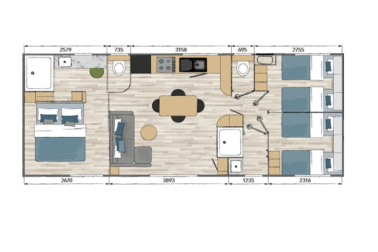 Camping L'Air Marin Vias-Plage  Mobilhome TULUM 3CH-Woonkamer